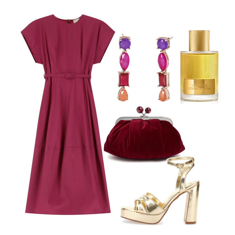 Outfit donna - Tacchi dorati. Stile Chic per Cerimonia. Abbinamento con profumi, orecchini, vestiti, pochette, sandali col tacco.
