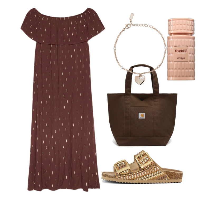 Outfit donna - Caffè. Stile Romantica per Tutti i giorni. Abbinamento con profumi, braccialetti con ciondoli, sandali, vestiti lunghi, borse tote.