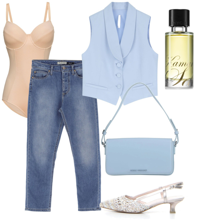 Outfit donna - Gilet a giugno. Stile Casual chic per Tutti i giorni. Abbinamento con body, borse a mano, profumi, jeans, gilet, sandali col tacco.