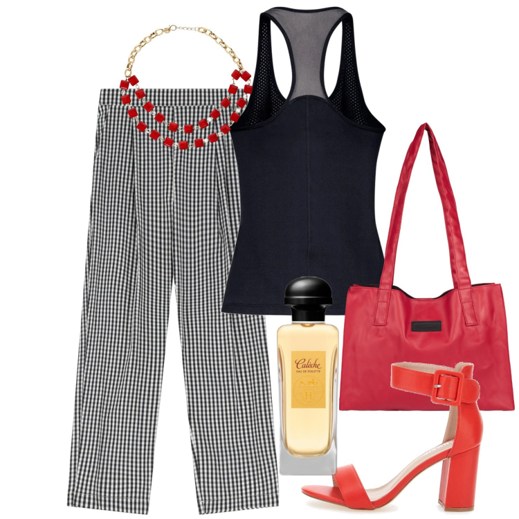 Outfit donna - Giugno vichy. Stile Chic per Serata fuori. Abbinamento con profumi, shopping bag, pantaloni, collane, sandali col tacco, canottiere.