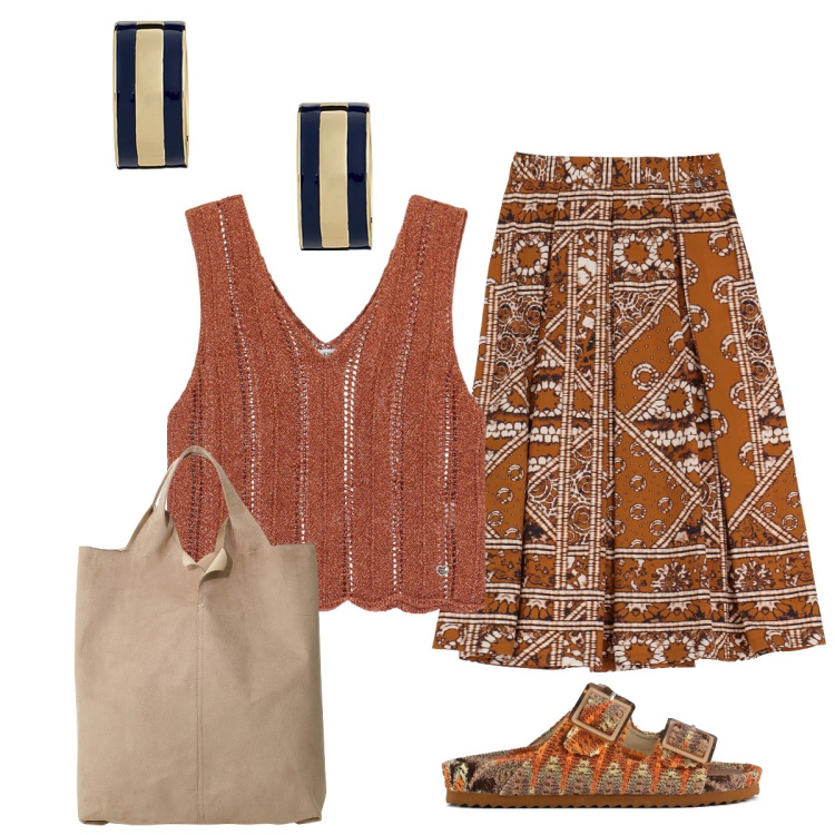 Outfit donna - La gonna etnica. Stile Etnico per Tutti i giorni. Abbinamento con top, gonne lunghe, shopping bag, orecchini, sandali.