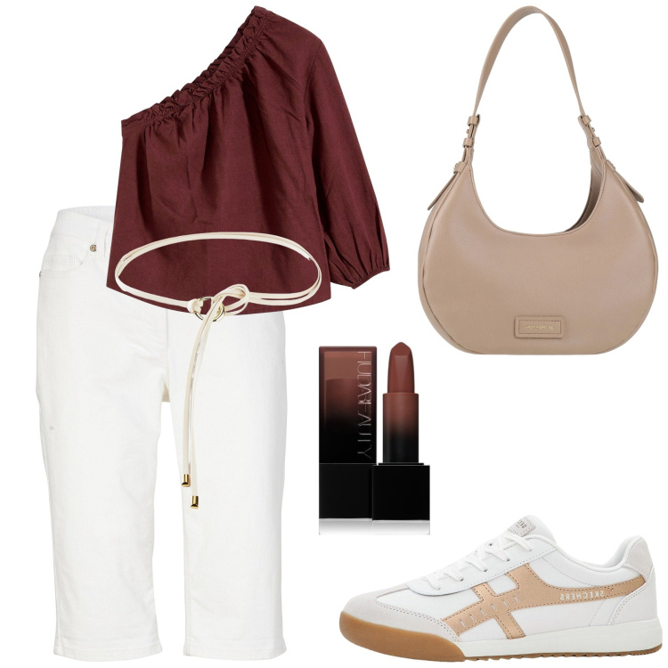 Outfit donna - BonPrix. Stile Casual per Tutti i giorni. Abbinamento con bermuda, bluse, cinture, sneakers, borse a spalla, rossetti.
