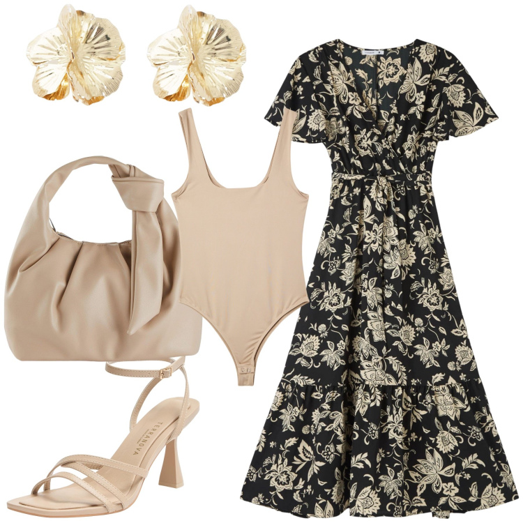 Outfit donna - Serata fra i fiori. Stile Bon Ton per Serata fuori. Abbinamento con borse a mano, vestiti lunghi, body, sandali col tacco, orecchini.