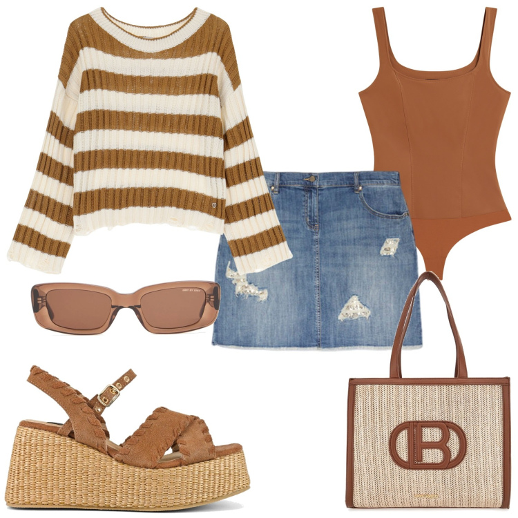 Outfit donna - Minigonna jeans per la giornata. Stile Trendy per Tutti i giorni. Abbinamento con maglieria, body, zeppe, borse a spalla, minigonne, occhiali da sole.
