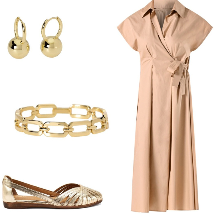Outfit donna - Maxi dress. Stile Casual chic per Tutti i giorni. Abbinamento con vestiti chemisier, braccialetti, orecchini, ballerine.