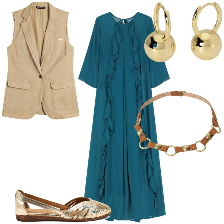 Outfit donna - Ufficio con stile. Stile Urban per Ufficio. Abbinamento con orecchini, vestiti lunghi, cinture, gilet, ballerine.