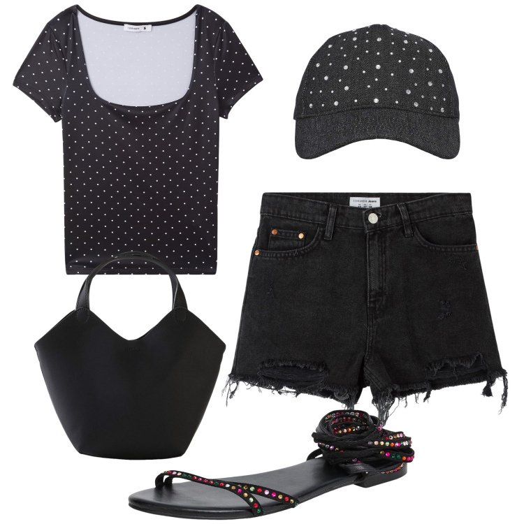 Outfit donna - Pois luccicanti. Stile Casual chic per Tutti i giorni. Abbinamento con borse a mano, shorts, t-shirt, sandali alla schiava, cappelli.