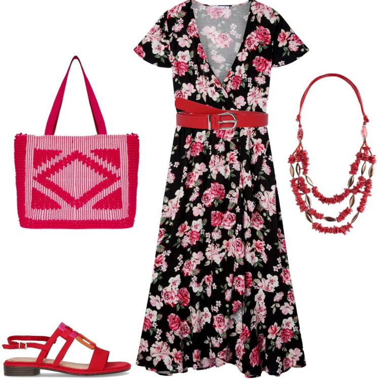 Outfit donna - Maxi dress. Stile Boho per Ufficio. Abbinamento con vestiti lunghi, cinture, borse a mano, collane, sandali.