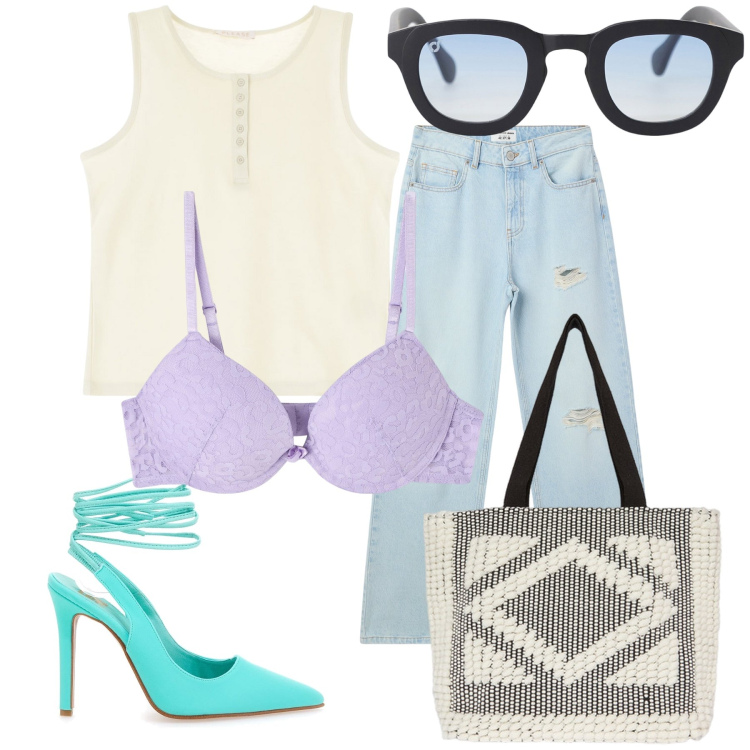 Outfit donna - Pump tiffany bra lilla. Stile Glamour per Serata fuori. Abbinamento con jeans strappati, reggiseni, canottiere, occhiali da sole, shopping bag, décolleté.