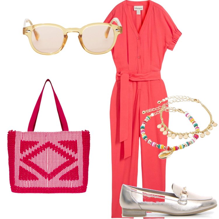 Outfit donna - La tuta da ufficio estivo. Stile Trendy per Ufficio. Abbinamento con tute, braccialetti con ciondoli, occhiali da sole, mocassini, borse a mano.