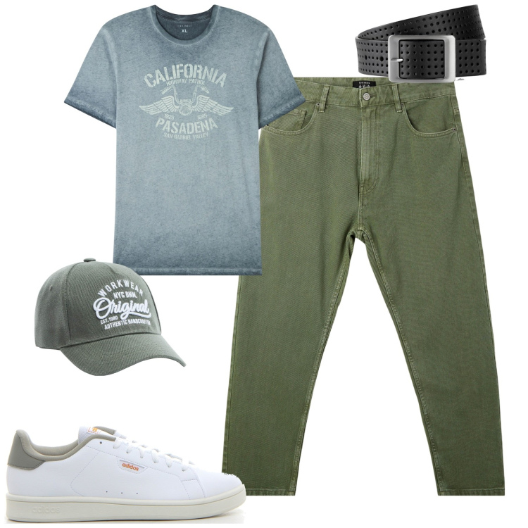 Outfit uomo - Giugno. Stile Casual per Tutti i giorni. Abbinamento con cinture, t-shirt, pantaloni, cappelli, sneakers.