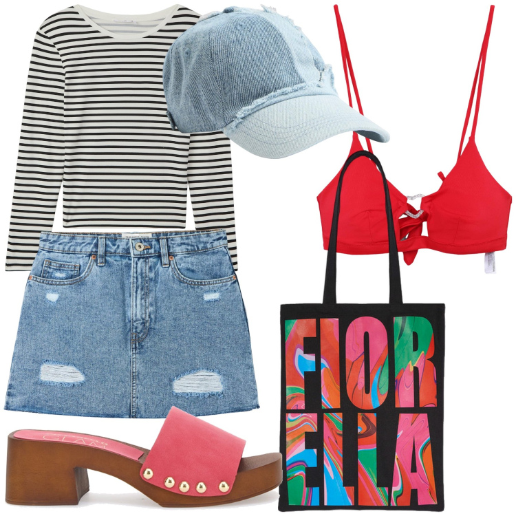 Outfit donna - Spiaggia. Stile Basic per Mare. Abbinamento con minigonne, cappelli, maglieria, bikini, borse tote, zoccoli.