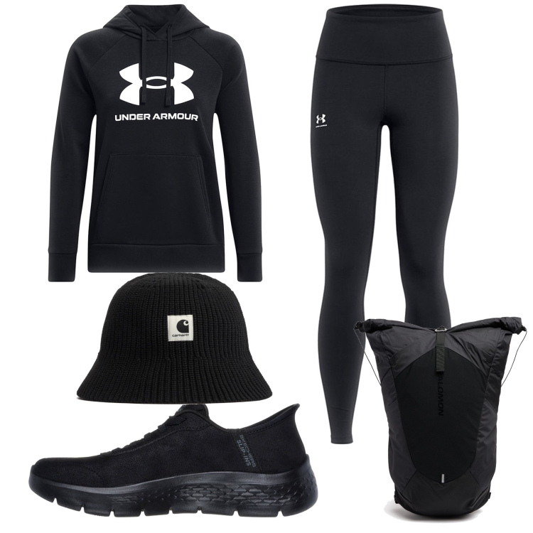 Outfit donna - Verso la palestra. Stile Basic per Sport. Abbinamento con sneakers, felpe con cappuccio, leggings, zaini, cappelli.