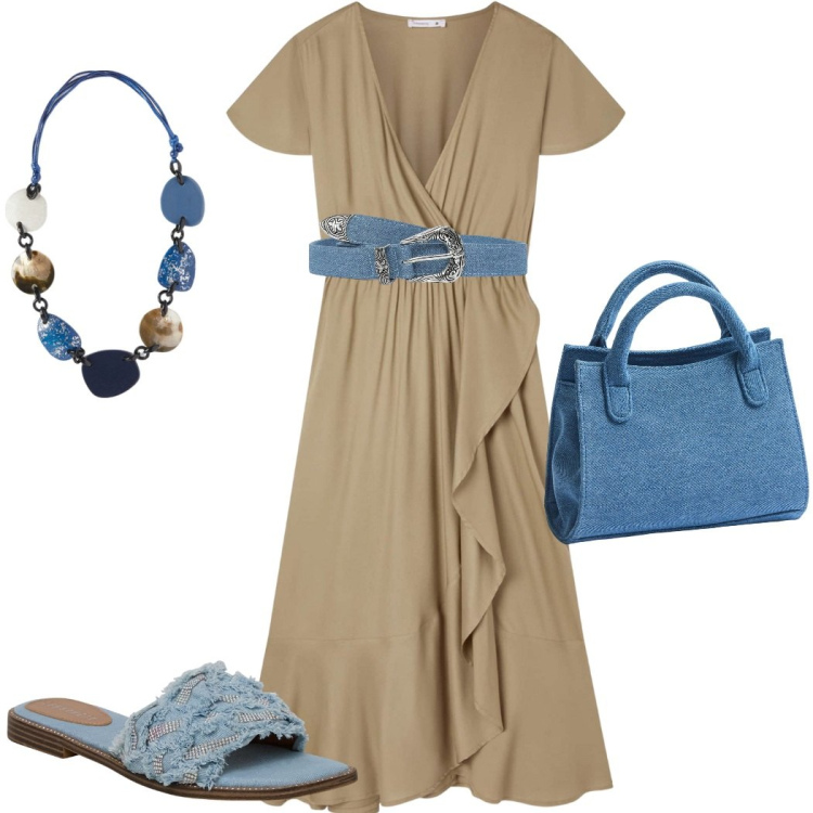 Outfit donna - Maxi dress. Stile Casual chic per Ufficio. Abbinamento con cinture, borse a tracolla, ciabatte, vestiti lunghi, collane.