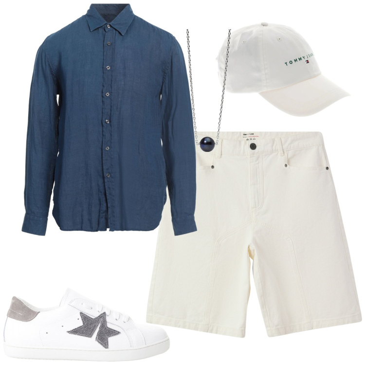 Outfit uomo - Vacation. Stile Trendy per Mare. Abbinamento con camicie, bermuda, collane, sneakers, cappelli.