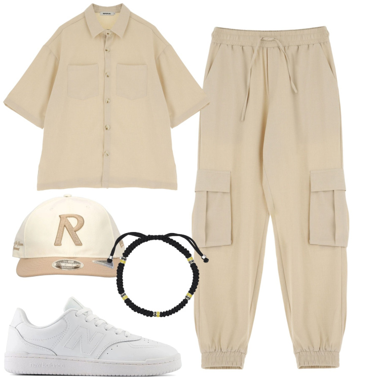 Outfit uomo - Vacation. Stile Casual per Mare. Abbinamento con braccialetti, pantaloni cargo, camicie a manica corta, sneakers, cappelli.