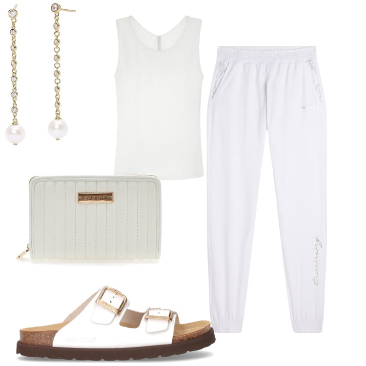 Outfit donna - A casa ma con gli orecchini. Stile Basic per Tutti i giorni. Abbinamento con orecchini, canottiere, pantaloni, portafogli, ciabatte.