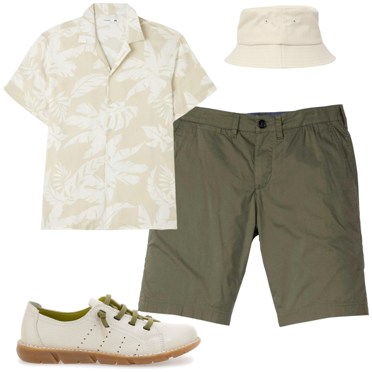 Outfit uomo - Al mare. Stile Trendy per Mare. Abbinamento con bermuda, cappelli, camicie a manica corta, sneakers.