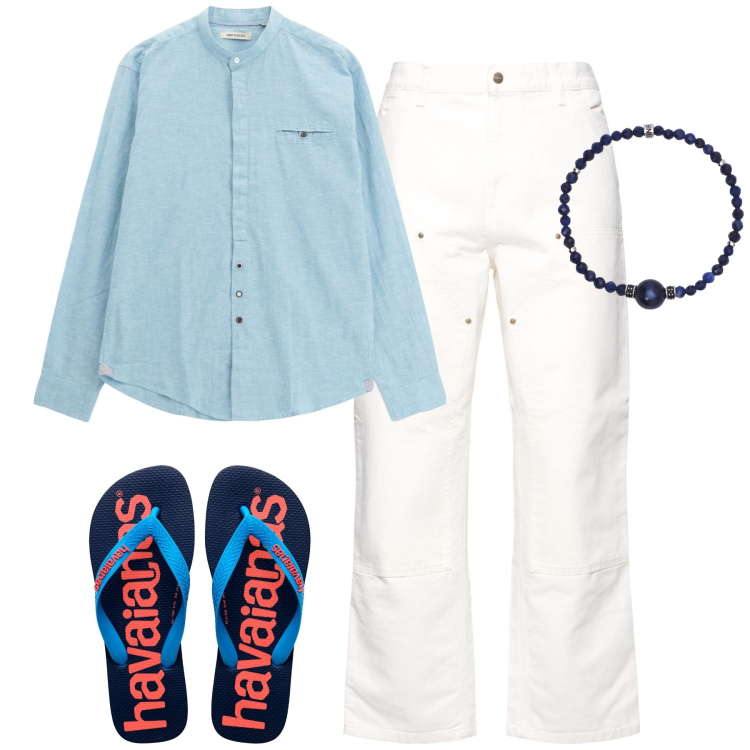 Outfit uomo - Vacation. Stile Trendy per Mare. Abbinamento con braccialetti, camicie, sandali, jeans.