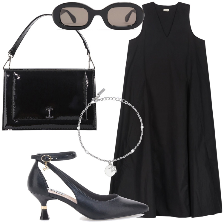 Outfit donna - I capi in ufficio. Stile Bon Ton per Ufficio. Abbinamento con braccialetti con ciondoli, borse a tracolla, décolleté, vestiti lunghi, occhiali da sole.