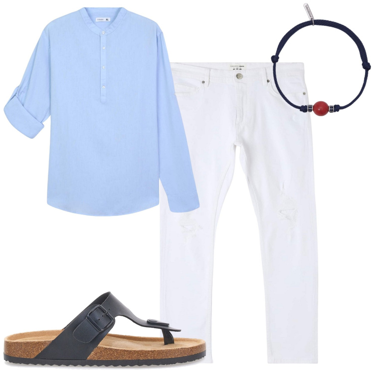 Outfit uomo - Al mare. Stile Trendy per Mare. Abbinamento con jeans strappati, camicie, braccialetti, sandali.