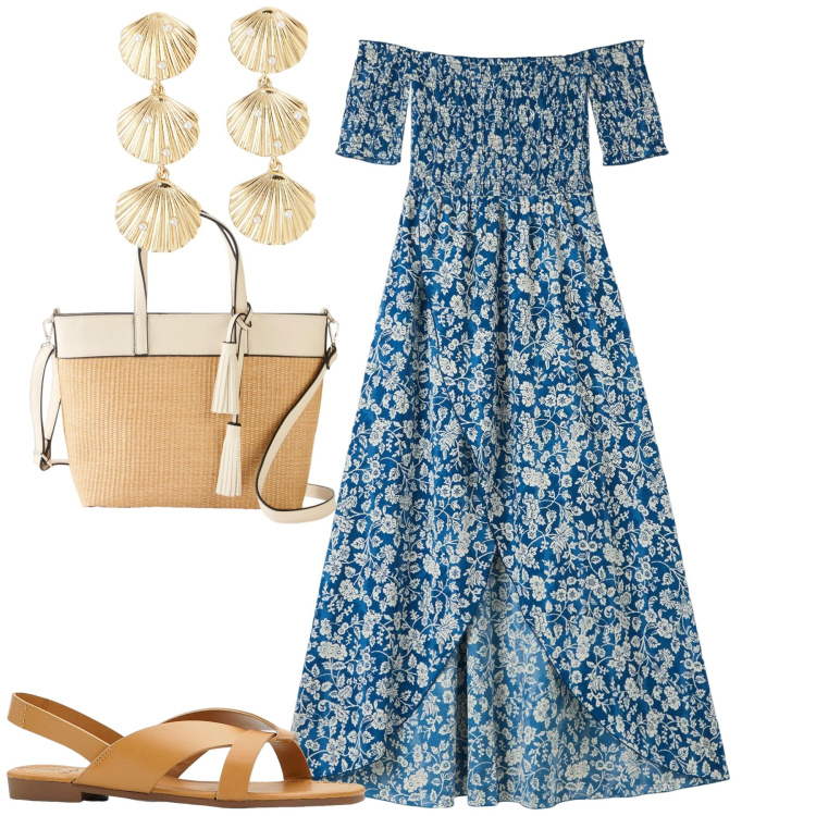 Outfit donna - Al mare. Stile Romantica per Mare. Abbinamento con sandali, shopping bag, vestiti lunghi, orecchini.