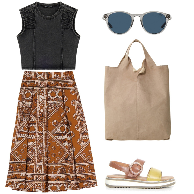 Outfit donna - La gonna etnica. Stile Etnico per Tutti i giorni. Abbinamento con top, gonne lunghe, shopping bag, occhiali da sole, sandali.