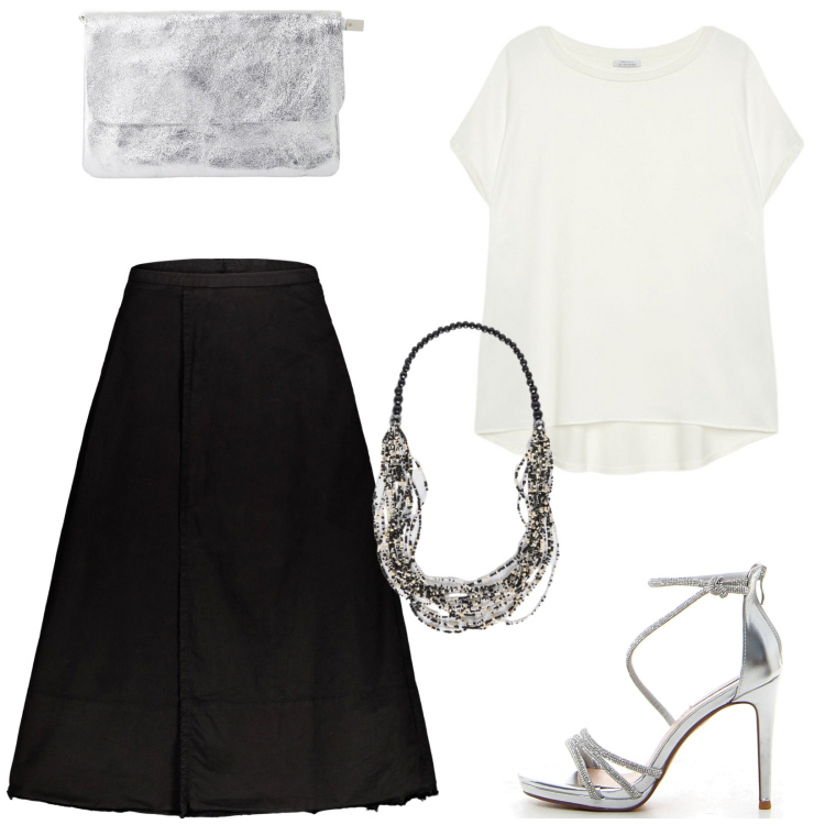 Outfit donna - Particolari in argento. Stile Casual chic per Serata fuori. Abbinamento con borse a tracolla, gonne lunghe, sandali col tacco, collane, bluse.