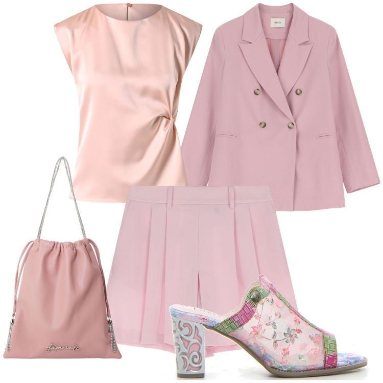 Outfit donna - Pink Office. Stile Romantica per Ufficio. Abbinamento con top, gonne, borse a secchiello, blazer, sabot.