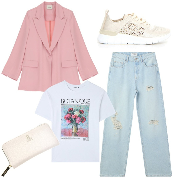 Outfit donna - Casual in ufficio. Stile Casual per Ufficio. Abbinamento con t-shirt, jeans strappati, blazer, portafogli, sneakers.