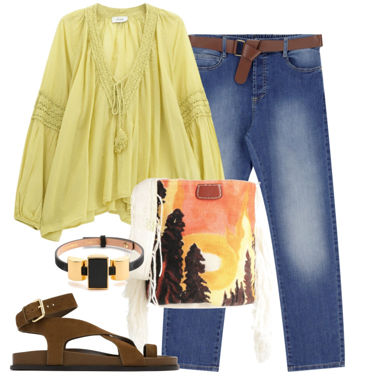 Outfit donna - Al mare. Stile Boho per Mare. Abbinamento con borse a spalla, jeans dritti, camicie, collane, sandali in pelle.