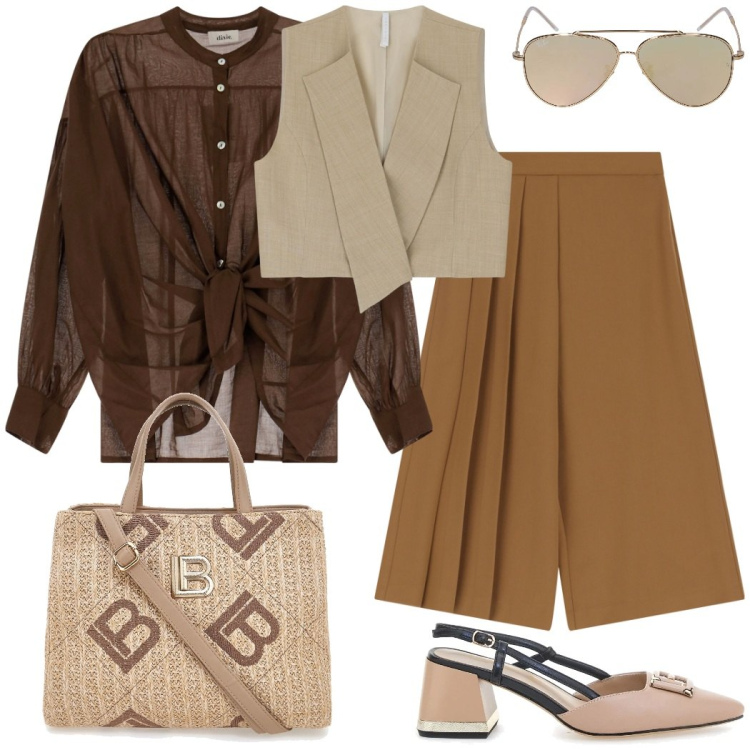 Outfit donna - Gilet e pantaloni alla caviglia. Stile Chic per Ufficio. Abbinamento con pantaloni, gilet, camicie, décolleté, borse a tracolla, occhiali da sole.