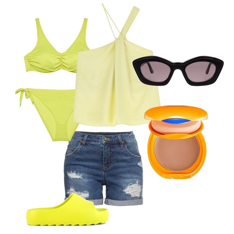 Outfit donna - Il Bikini verde lime. Stile Trendy per Mare. Abbinamento con shorts, occhiali da sole, fondotinta, top, ciabatte, bikini.