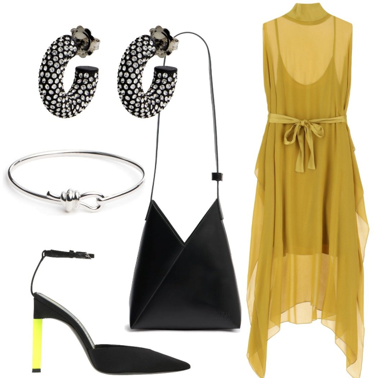 Outfit donna - Cerimonia. Stile Glamour per Cerimonia. Abbinamento con orecchini, décolleté, vestiti lunghi, borse a spalla, braccialetti.