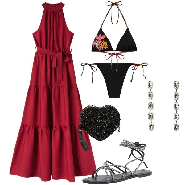 Outfit donna - Maxi Summer Dress. Stile Trendy per Mare. Abbinamento con sandali alla schiava, vestiti lunghi, portafogli, orecchini, bikini, bikini.