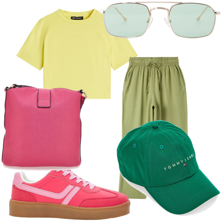 Outfit donna - Look vitaminico. Stile Casual per Tutti i giorni. Abbinamento con sneakers, pantaloni, occhiali da sole, t-shirt, cappelli, borse a spalla.