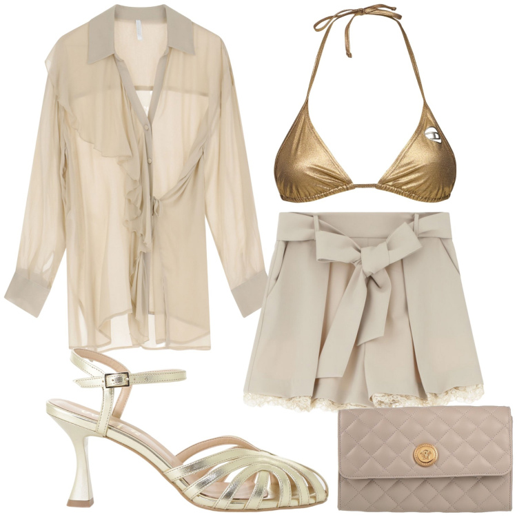 Outfit donna - Trasparenze serali sul mare. Stile Glamour per Mare. Abbinamento con borse a mano, shorts, camicie, sandali col tacco, bikini.