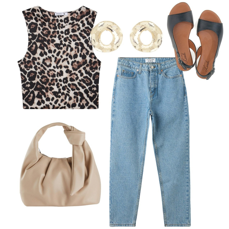 Outfit donna - Top leo. Stile Casual chic per Tutti i giorni. Abbinamento con borse a mano, jeans mom, top, orecchini, sandali in pelle.