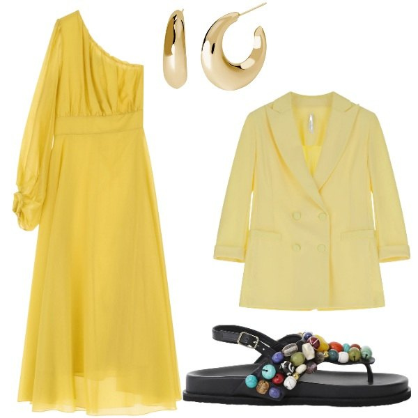 Outfit donna - Maxi Summer Dress. Stile Trendy per Serata fuori. Abbinamento con orecchini, blazer, vestiti lunghi, sandali gioiello.