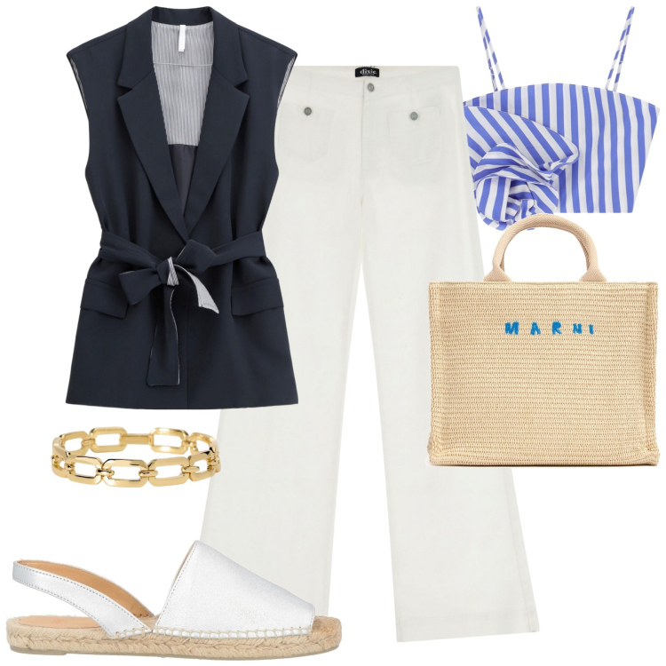 Outfit donna - City. Stile Urban per Tutti i giorni. Abbinamento con espadrillas, braccialetti, gilet, canottiere, pantaloni a palazzo, shopping bag.