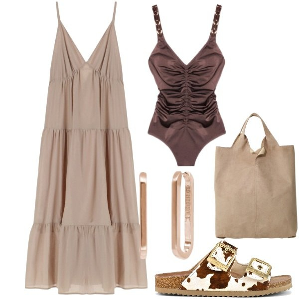 Outfit donna - Maxi Summer Dress. Stile Trendy per Mare. Abbinamento con orecchini, vestiti lunghi, shopping bag, costumi interi, sandali in pelle.