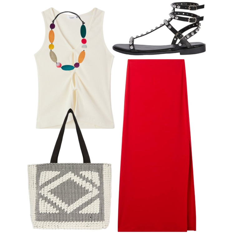 Outfit donna - Le borchie. Stile Chic per Tutti i giorni. Abbinamento con gonne lunghe, top, sandali, collane, shopping bag.