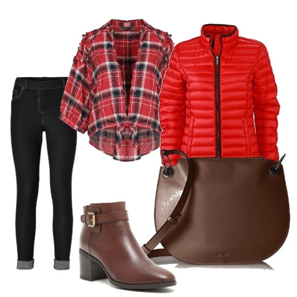 Outfit donna - Trendy #30000. Stile Trendy per Tutti i giorni. Abbinamento con jeggings, camicia nudo, giacca rosso, tronchetti con fibbia traspirante marrone, borsa a spalla.