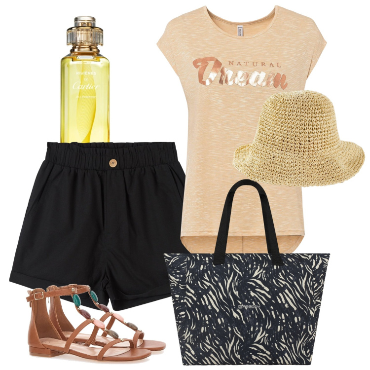 Outfit donna - Giugno. Stile Casual per Tutti i giorni. Abbinamento con maglieria, cappelli, profumi, pantaloni corti, shopping bag, sandali gioiello.