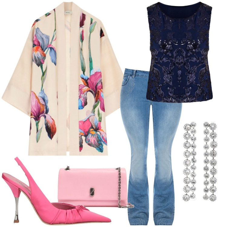 Outfit donna - Fiori sul soprabito. Stile Casual chic per Cerimonia. Abbinamento con décolleté, jeans a zampa, top, cappotti, orecchini, pochette.
