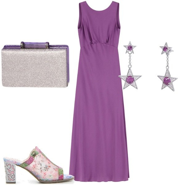 Outfit donna - Sabot floreale. Stile Chic per Cerimonia. Abbinamento con vestiti lunghi, orecchini, pochette, sabot.