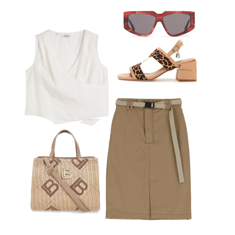 Outfit donna - Ufficio. Stile Bon Ton per Ufficio. Abbinamento con top, gonne, sandali col tacco, borse a tracolla, occhiali da sole.