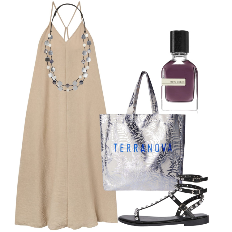 Outfit donna - Sofisticata a giugno. Stile Chic per Serata fuori. Abbinamento con profumi, vestiti lunghi, borse tote, sandali, collane.