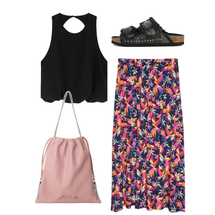 Outfit donna - Colori. Stile Basic per Tutti i giorni. Abbinamento con borse a secchiello, top, sandali, gonne lunghe.