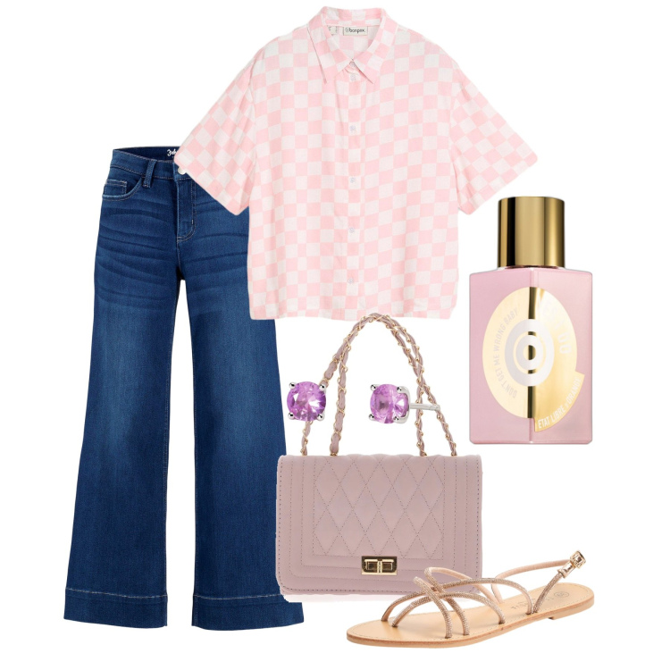 Outfit donna - Giugno. Stile Casual per Tutti i giorni. Abbinamento con jeans a zampa, camicie a manica corta, profumi, sandali, orecchini, borse a tracolla.